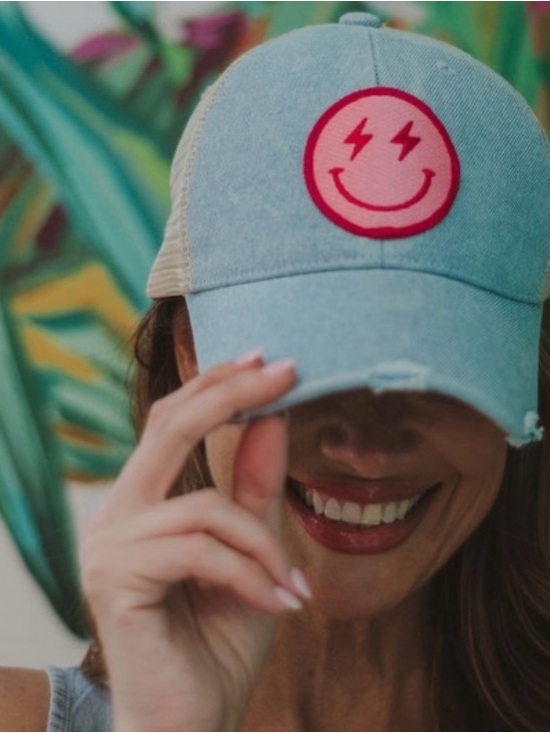Accessories - Light Blue Smiley Trucker Cap with Pink Patch